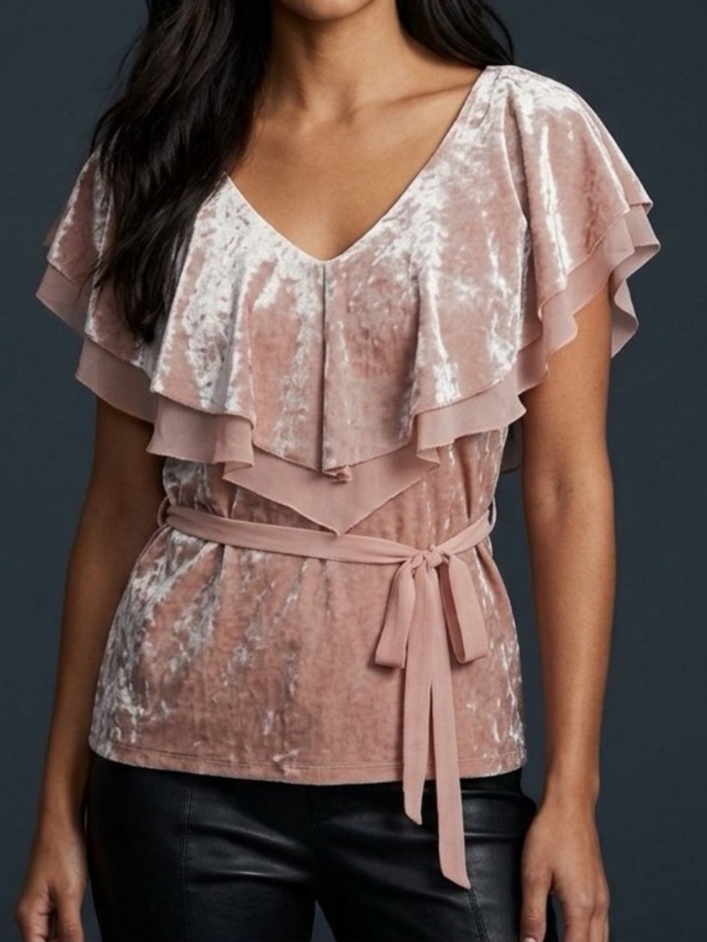 NWOT White House Black Market Velvet Flounce Top- Antique Blush Pink Tone, L